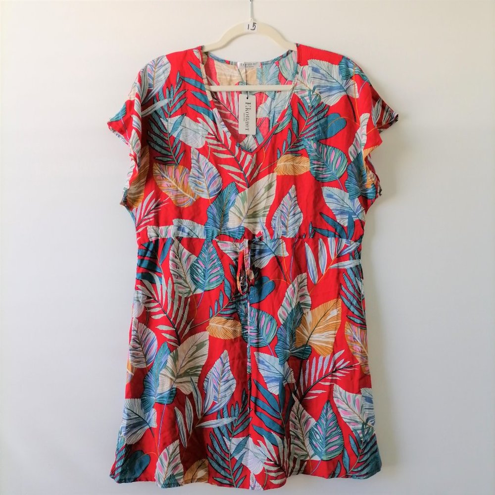 Ekouaer Womens Short Sleeve Tropical Beachwear Cover Up Loose V-Neck Size S